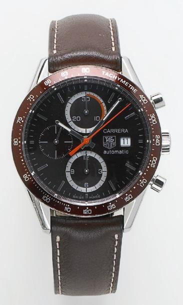 TAG HEUER « Carrera » - Montre de poignet chronographe en acier, cadran marron à...