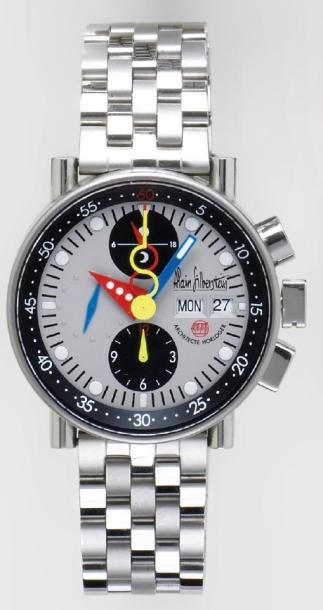 ALAIN SILBERSTEIN « Bauhaus » - Bracelet montre chronographe en acier. Cadran gris...