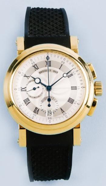 BREGUET « Chronomarine » - Montre de poignet chronographe en or jaune, cadran gris...