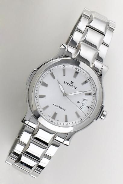 EDOX Bracelet-montre en acier, cadran gris, date, fond saphir, mouvement automatique,...
