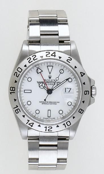 ROLEX « Explorer II » - Bracelet montre en acier. Cadran blanc. Deuxième fuseau horaire....