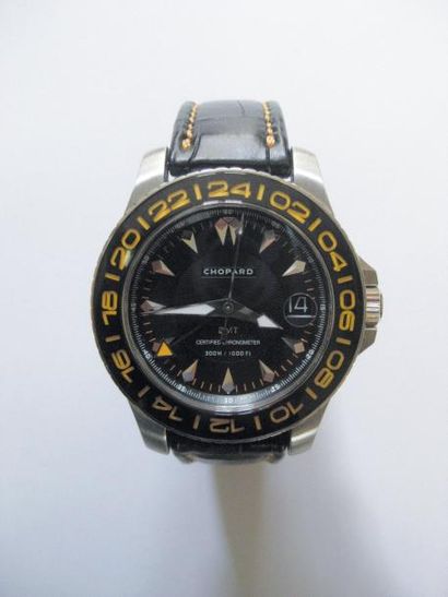 CHOPARD "L.U.C Pro One GMT" Bracelet montre en acier, cadran noir, jour, aiguilles...
