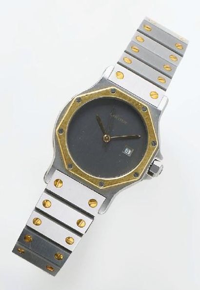 CARTIER « Santos » - Bracelet-montre en or jaune et acier, cadran gris, date, mouvement...
