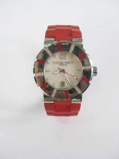 CHAUMET "Class One" Bracelet montre en acier et caoutchouc rose, les index et la...