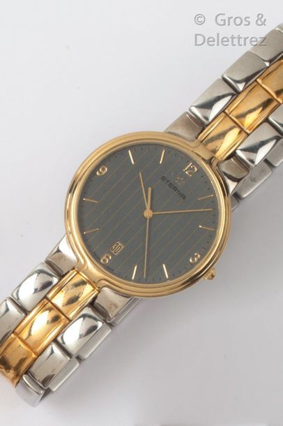ETRERNA Bracelet-montre en acier et acier doré, boîtier rond, cadran gris, date à...