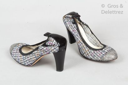 CHANEL Pair of multicoloured tweed stretch pumps, round glitter toe topped with a...