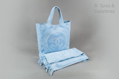 CHANEL *Beach bag 43cm cotton terry and cotton velvet blue sky, logo, double handle,...