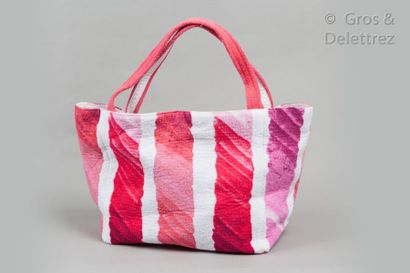 CHANEL *38cm cotton terry cloth beach bag with pink stripes print, silver metal snap...