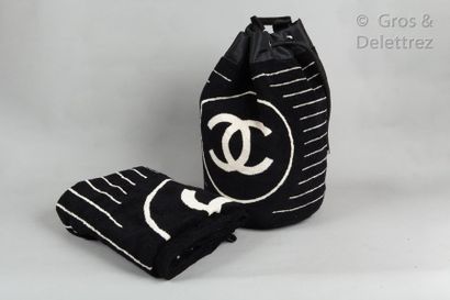CHANEL Sport *Beach bag in terry cotton printed with the logo and black, white stripes,...