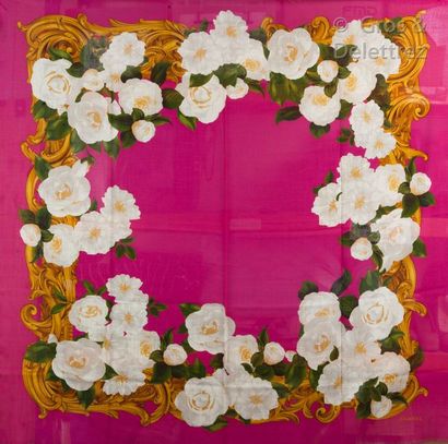 CHANEL Wool stamen shawl patterned with white camellias on a fuchsia background,...