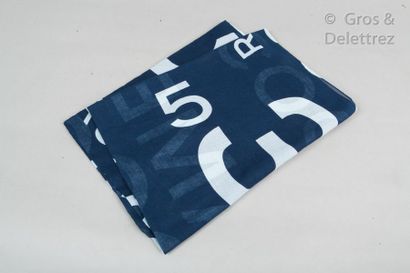 CHANEL Navy cotton voile sarong printed with white writing.