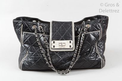 CHANEL Circa 2008 Shopping bag XL 41cm in black quilted aged lambskin leather with...