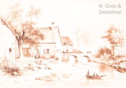 Charles Louis MOZIN (1806-1862) Rivière au pont Deux lavis sur papier, signés et...