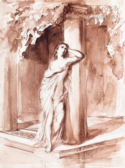 A. COLIN (XIX-XXe) Femme à la colonne Crayon et lavis sur papier signé en bas à droite...