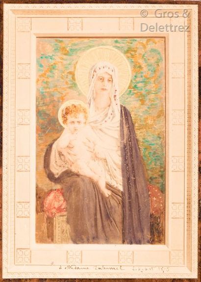 Ernest Antoine HÉBERT (1817-1908) Vierge à l’enfant Reproduction réhaussée d’aquarelle...