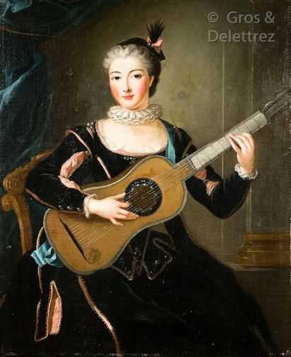 Ecole FRANCAISE vers 1700, atelier de Pierre GOBERT Jeune femme à la guitarre Toile...