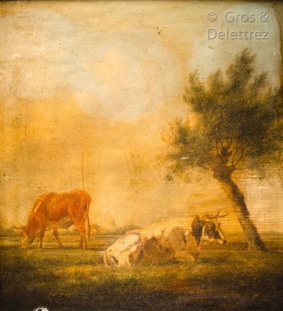 Johannes JANSON (1729-1784) Deux vaches dans un pré Huile sur panneau signé en bas...