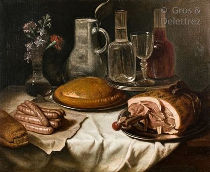 Attribué à André Bouys (1656- 1740) Nature morte à la tourte, saucisses et jambon...