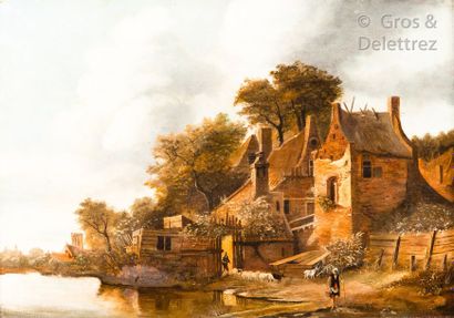 École française du XIXe siècle House near the river Oil on canvas H. 45cm / L. 6...