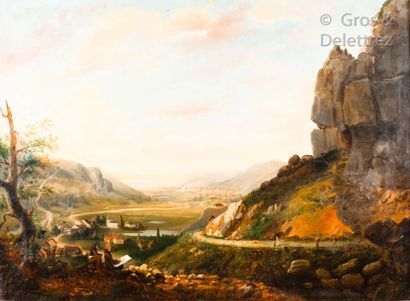 École Française du XIXe siècle Deux paysages animés figurant le Rocher de Chatelaine...