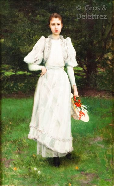 Auguste-François GORGUET (1862-1927) Élégante en robe blanche Huile sur toile signée,...