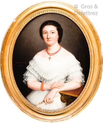 Blanche JUIN-GUICHARD (1839-1930) Portrait de jeune femme en robe blanche Huile sur...