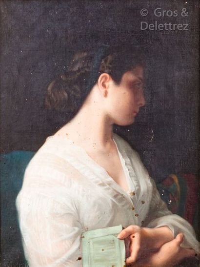 Hippolyte FLANDRIN (1809-1864) Portrait d’élégante au livre Huile sur toile signée...