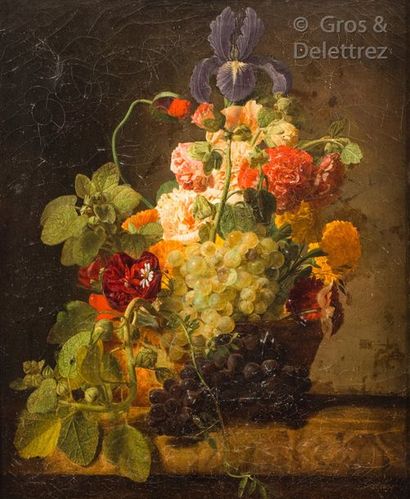 Moïse JACOBBER (1786-1863) Le panier de fleurs et de fruits Huile sur toile, signée...