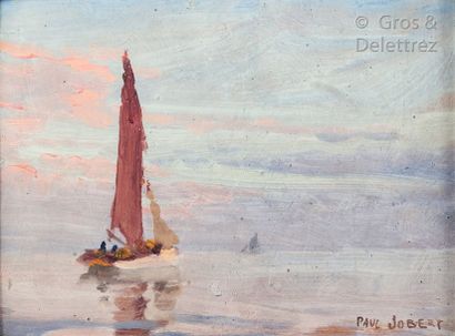 Paul JOUBERT (1863-1942) Sailing boat Oil on cardboard, signed lower right H. 16cm...
