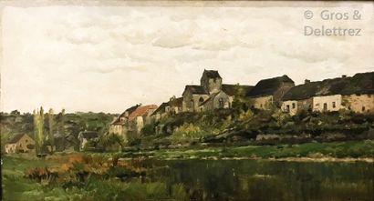 Adrien Jacques SAUZAY (1841-1928) Vue de village au lac Huile sur panneau signée...