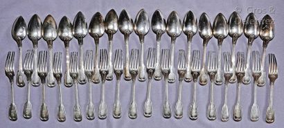 null Eighteen forks and seventeen spoons in silver, fillet pattern, engraved with...