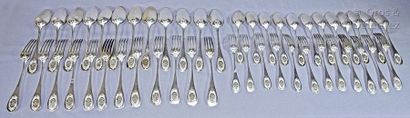 null Housewife's part of plain silver cutlery with foliage decoration, the piriform...