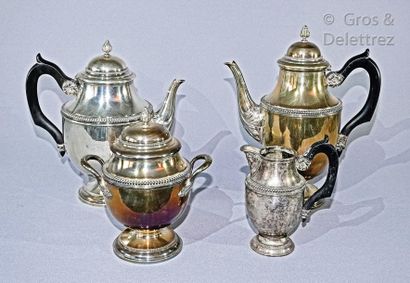 null Silver tea and coffee set decorated with strings of pearls and ebony handles,...