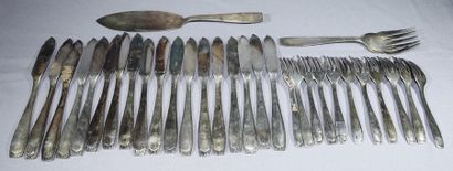 CHRISTOFLE Partie de ménagère en métal argenté comprenant :
12 cuillers et 11 fourchettes...