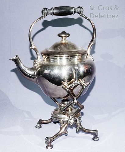 CHRISTOFLE Kettle, its support in the shape of a branch and its stove, in plain silver...