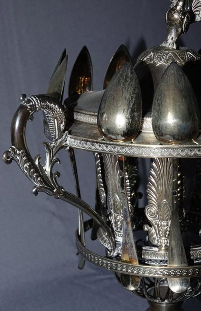 null Openwork silver jam with palmette decoration, the lid surmounted by a peacock...