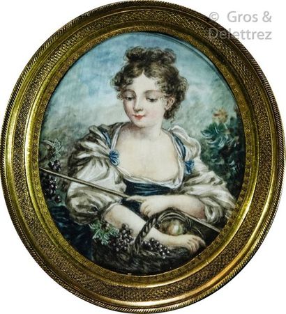 null Oval miniature representing a young woman with a basket of grapes. In the taste...