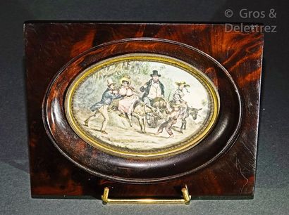 null Oval miniature depicting a humorous reunion scene with five characters mounted...