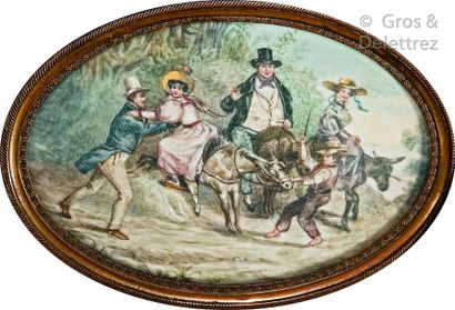 null Oval miniature depicting a humorous reunion scene with five characters mounted...