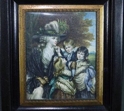 null Large rectangular miniature depicting a mother and her three children in a landscape....