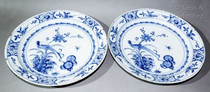 DELFT Pair of circular earthenware dishes with blue monochrome decoration in the...