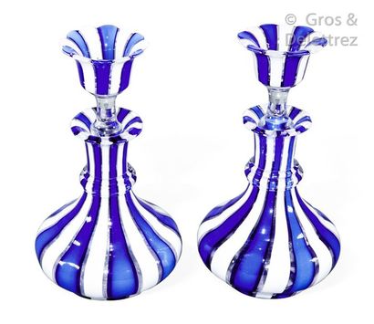 Cristallerie de Clichy Pair of small flasks decorated with large alternating blue...
