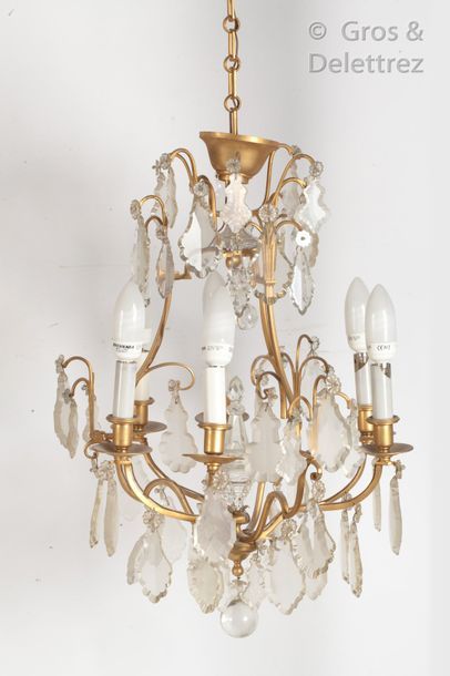 null Chandelier cage with six arms of lights in gilt bronze decorated with crystal...