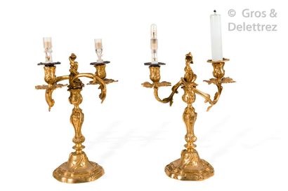 null Pair of gilt bronze candelabra with two arms of light with rocaille decoration,...