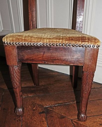 null Small straight chair in moulded and carved wood, the back with a board decorated...