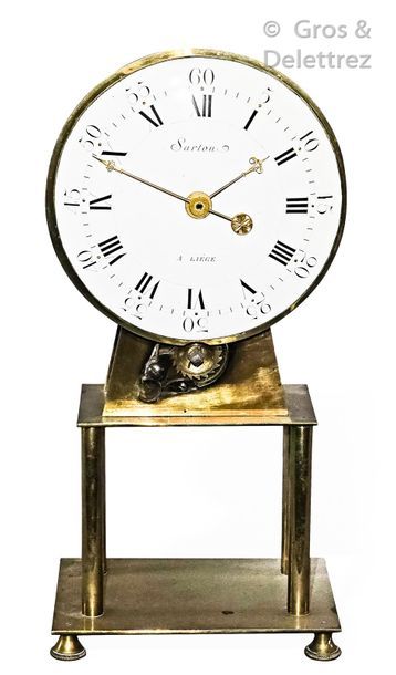 null Half-skeleton clock in the shape of a pyramid in brass, the enamelled dial signed...
