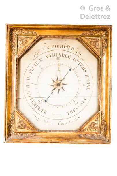 null Barometer according to Toricelli of quadrangular shape with gilded wooden frame...