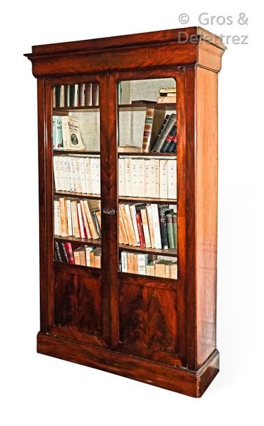 null Small straight mahogany veneered bookcase opening through two partially glazed...