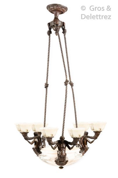 null Circular alabaster suspension with six patinated bronze light arms supported...