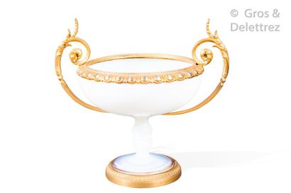 null Large bowl on foot in soapy opaline, the frame in chased and gilded bronze decorated...